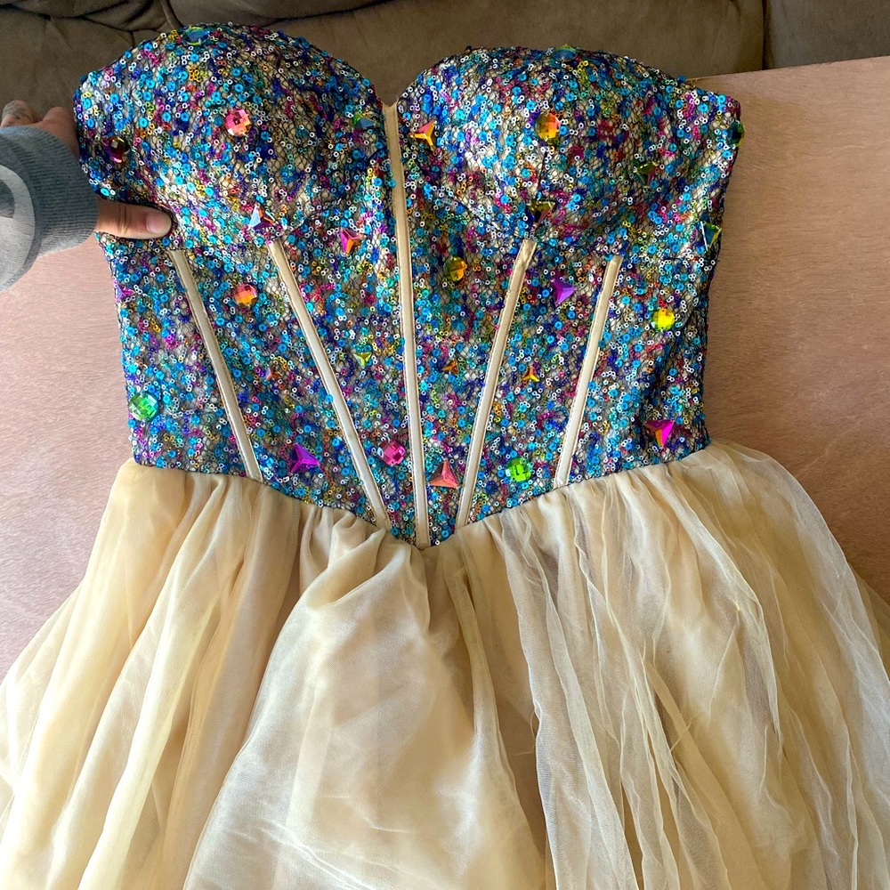Strapless tan dress with bedazzled top